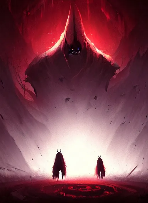 Prompt: horror art, hollow knight ending, red peaks in the background, art by greg rutkowski