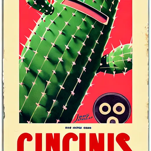 Prompt: 1950s retro cactus robot movie poster. Bionic Arms and eyes. muted colours. by Jean-Baptiste Monge, wide shot