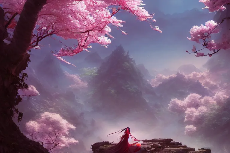 Image similar to wuxia, dragon, cherry blossoms, unreal engine, fantasy art by greg rutkowski, loish, rhads, ferdinand knab, makoto shinkai and lois van baarle, ilya kuvshinov, rossdraws, tom bagshaw, global illumination, radiant light, detailed and intricate environment