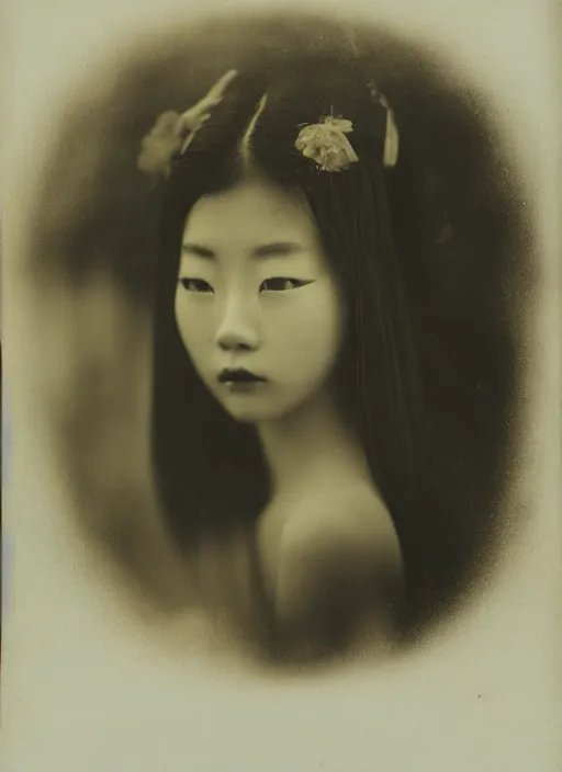 Image similar to a wet plate portrait of a young asiatic young woman, geisha, photorealistic, cinematic light, highly detailed, smooth, sharp focus, illustration, shallow depth of field