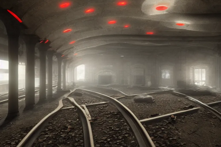 Image similar to ruined, abandoned, underground metro station, seen from inside. Diffused light red flares on the ground. Smoke. Dirt, leaves on ground. Unreal Engine. Substance painter. Zbrush. Trending on artstation. 8K. Highly detailed.