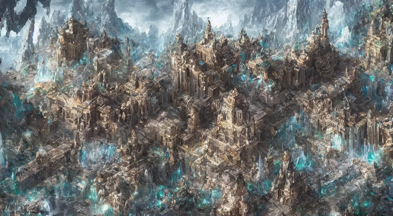 Image similar to a palace made of crystals guarded by stone giants, breathtaking, mixed media, digital art, trending on artstation, deviantart, 8k, epic composition, intrinsic details, AAA graphics