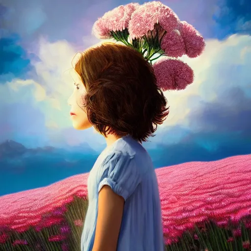 Image similar to head made of carnations flower, girl standing in a vast flower field, surreal photography, sunrise dramatic light, impressionist painting, colorful clouds, large sky, digital painting, artstation, simon stalenhag, flower face