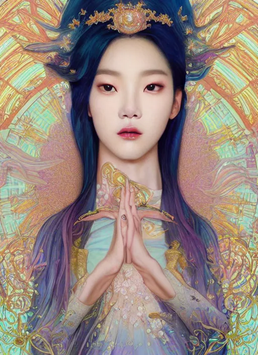 Image similar to Kim Ji-soo from Blackpink as magical celestial princess wearing luxurious futuristic chic slim pearlescent dress, bright gold eyes, peaceful expression, fantasy, intricate pink and royal blue dress, modeling for Dulce and Gabanna, accurately portrayed, portrait art by James Jean and Alphonse mucha, highly detailed, digital painting, concept art, illustration, multiversal paradise shining rgb luxurious lights, trending on artstation, very detailed, smooth, sharp focus, octane render, close up