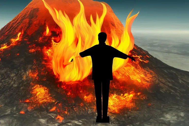 Prompt: A one armed man with an eyepatch standing atop a flaming volcano, digital art, 8k, UHD