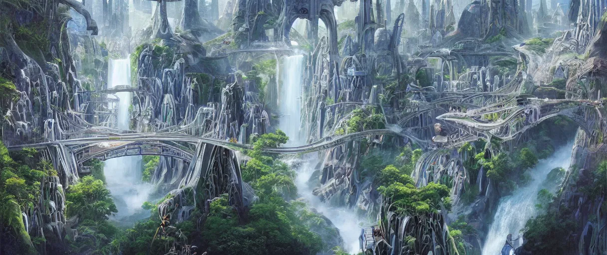 Image similar to A beautiful illustration of a futuristic city of bridges built on a world of waterfalls by Robert McCall and Ralph McQuarrier | sparth:.2 | Time white:.2 | Rodney Matthews:.2 | Graphic Novel, Visual Novel, Colored Pencil, Comic Book:.6 | unreal engine:.3 | | viewed from above | establishing shot:.7