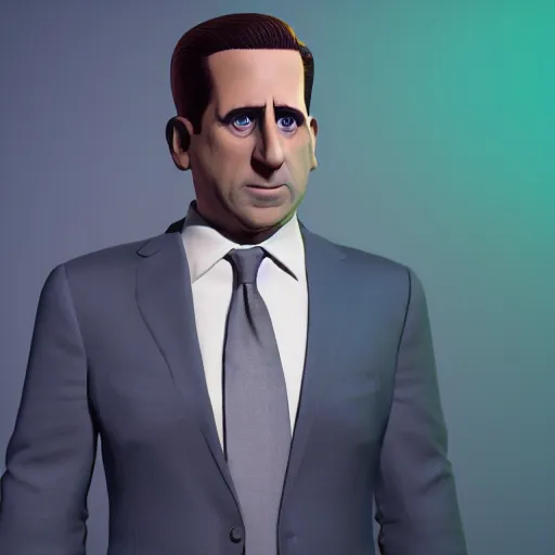 Prompt: hyperdetailed 3 d cartoon render of michael scott in a confident expressive pose, white background, low angle shot, cinematic studio lighting, studio quality, octane render, unreal engine 5, trending on artstation, 8 k