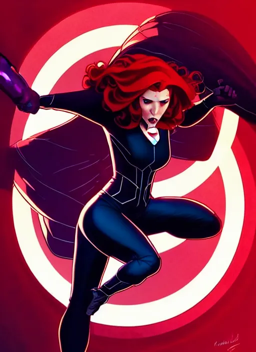 Image similar to rafeal albuquerque comic art, joshua middleton comic art, cinematics lighting, night time, pretty scarlett johansson black widow, big smirk, symmetrical face, symmetrical eyes, long red hair, full symmetrical body, flying in the air, jumping off rooftop