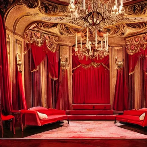 Image similar to an opera scenography of a barroque room, red color scheme.
