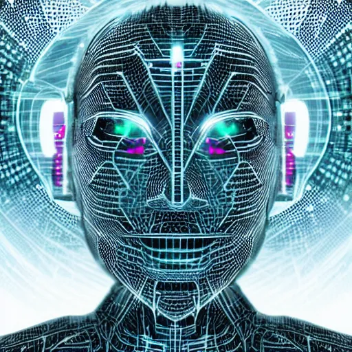 Image similar to an insanely detailed cibernetic artwork of a futuristic artificial intelligence superstar, centered image, with frames made of detailed fractals, octsne render, 4k, insanely detailed, cgi