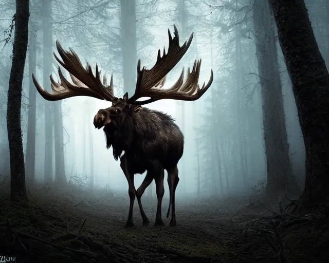 Image similar to 5 5 mm portrait photo of an armored demonic undead rotting moose with red eyes antlers and looking at the camera, in a magical forest. magical atmosphere. art by greg rutkowski and luis royo. highly detailed 8 k. intricate. lifelike. soft light. nikon d 8 5 0.