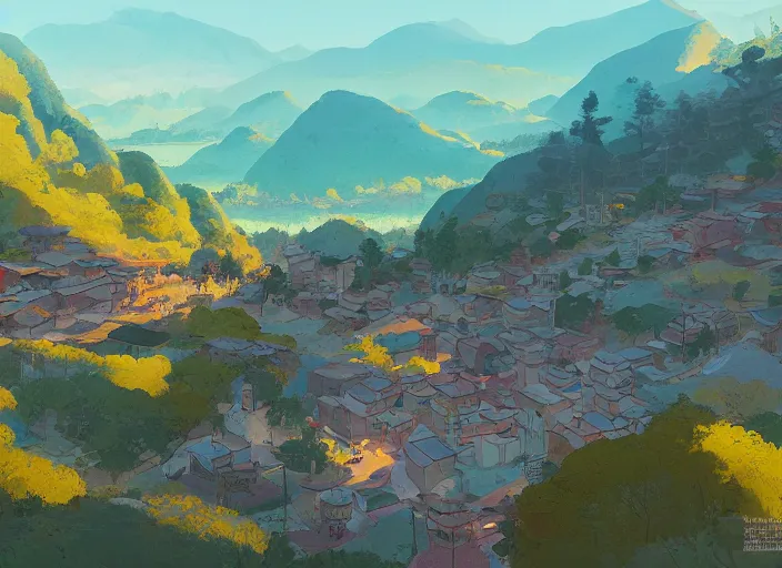 Image similar to concept art painting of a small village in a valley seen from above, european japanese buildings, early morning, cel shaded, by makoto shinkai and moebius and anton fadeev and james gurney