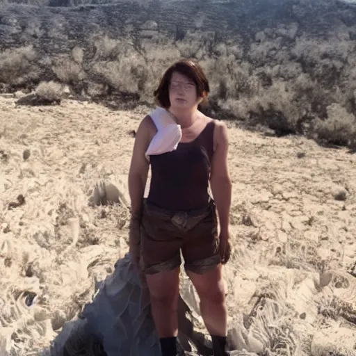 Prompt: fancy woman poses in front of sunlit dried caked bleached wilderness
