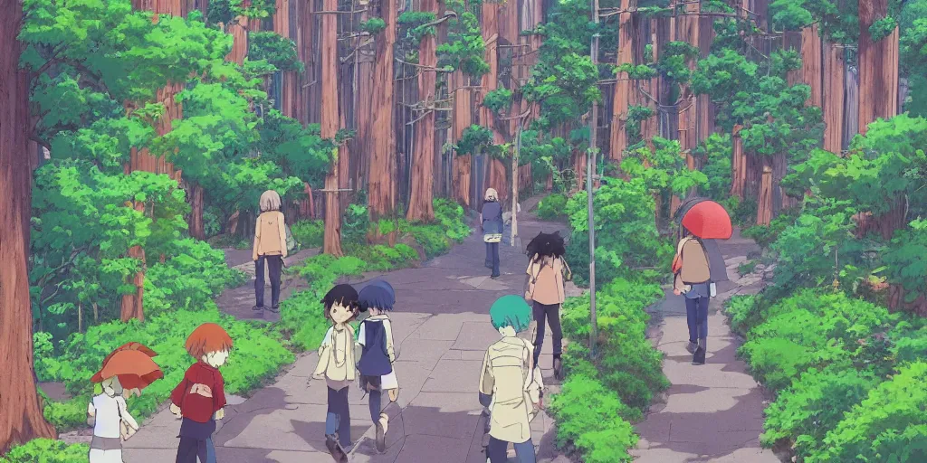 Prompt: anime kids walking home in japanese suburbs with high redwood trees. afternoon puddles after the rain. neogeorgian buildings and stone brick retaining walls near the sidewalk. studioghibli cartoon trending on artstation. cool colors. hills. forests in the distance.