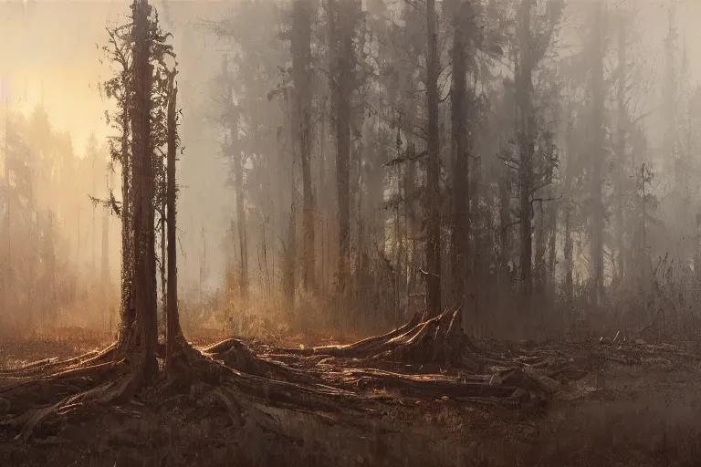 Prompt: matte painting of a dead stump of a tree at a rural crossroad, by jeremy mann and greg rutkowski, intricate cinematic light, oil on canvas