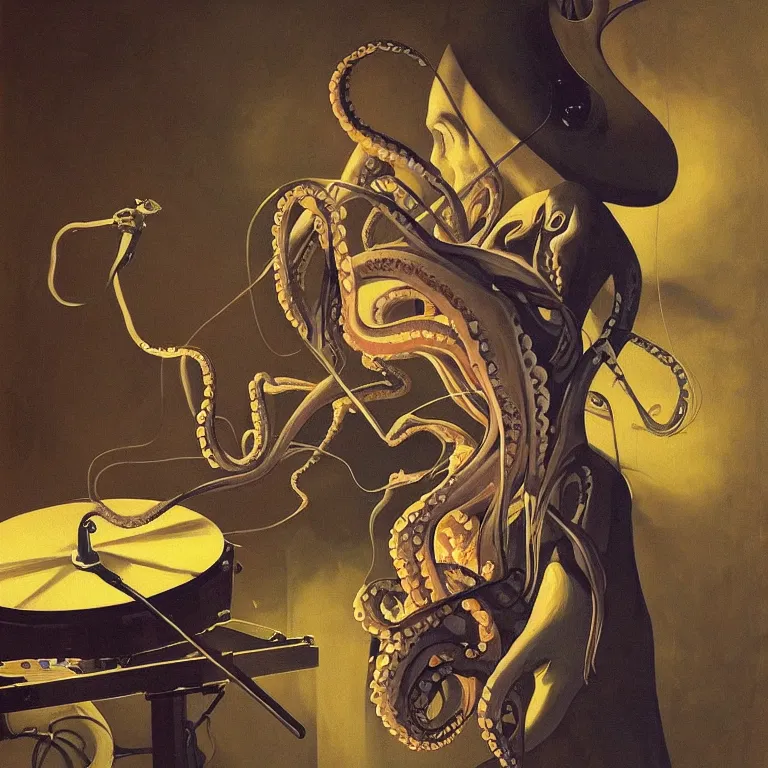 Image similar to a beautiful painting by etam cru of an octopus playing drums and telecaster guitar in an electronic concert, dark background, concert light, dark mood, warm lights