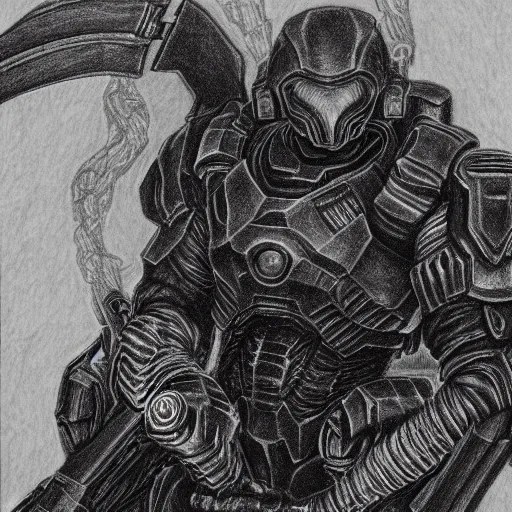 Prompt: a hyper - detailed pencil drawing of doom slayer by kentaro miura,