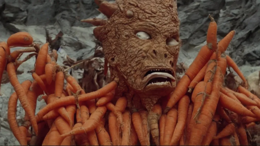 Image similar to giant monster made of carrots and sharp teeth eating people, star trek, film still from a movie directed by Denis Villeneuve with art direction by Salvador Dalí, wide lens