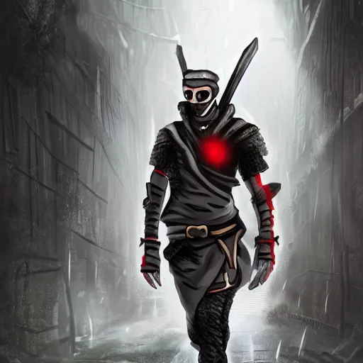 Prompt: rpg rogue walking in an alley, bandaged face, sharingan eyes, leather armour, fantasy