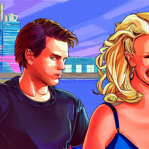 Image similar to SNES graphics playing Xbox 360 but it's a Sega Genesis making out with Britney Spears in GTA, cover art by Stephen Bliss, artstation