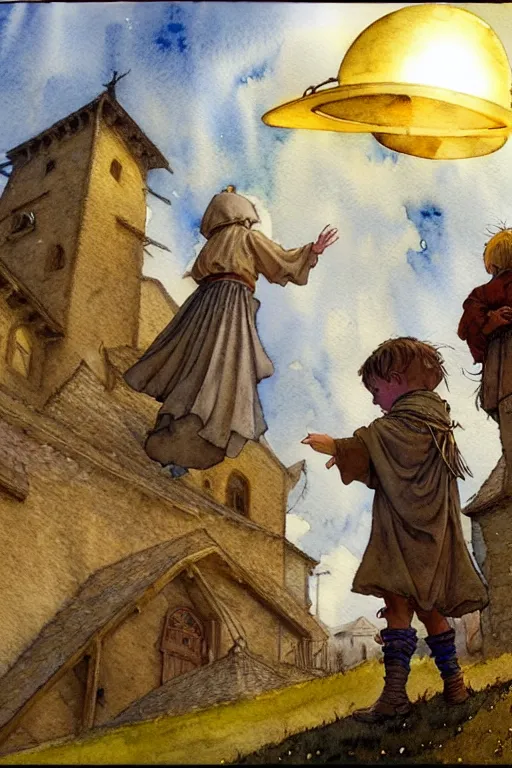 Prompt: a hyperrealist watercolor concept art of an elegant golden ufo in the sky above a small medieval town. one single dirty medieval peasant child is in the foreground pointing up at the sky. very muted colors, by rebecca guay, michael kaluta, charles vess. high detail, hq, wide shot, 4 k