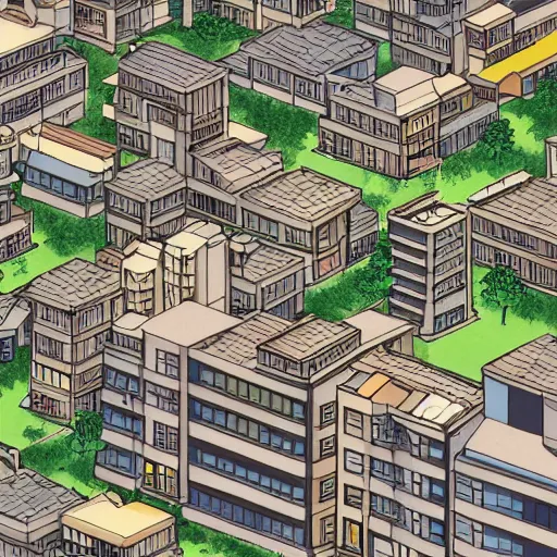 Image similar to japanese town, neighborhood, modern neighborhood, japanese city, underground city, modern city, tokyo - esque town, 2 0 0 1 anime, cel - shading, compact buildings, sepia sunshine