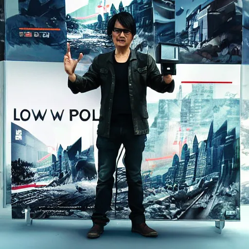 Prompt: hideo kojima, ps 2 graphics, video game presentation, low poly miniature model city, vintage vr tech, he is enthusiastic, the low poly crowd is bored, dystopia, pale colours with highlights of saturation