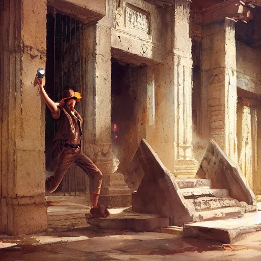 Image similar to indiana jones stealing a catalytic convertor, that is on a trapped pedastal, from inside a temple, painted by greg rutkowski