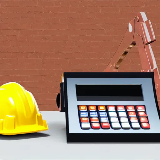 Image similar to construction matirial around a hard hat and cash register, 3 d, 2 d, 2. 5 mm, art, vector art