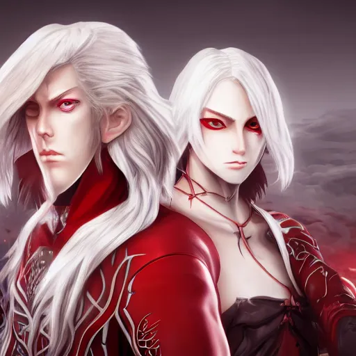 Prompt: Epic drawing of two young twins, with white skin, long white hair and red eyes. Wearing identical red clothes. Middle age. Castlevania, ultra-detailed. Anime, pixiv, UHD 8K CryEngine, octane render