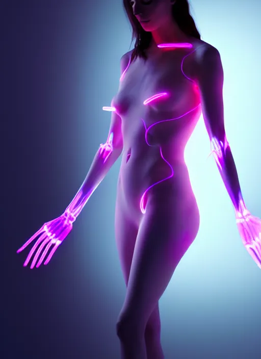 Image similar to female posing sensual figure x - ray, glowing veins under translucent skin, sigma 5 0 0 mm f / 5. bioluminescent, plasma, greg rutkowski, 8 k trending on artstation,