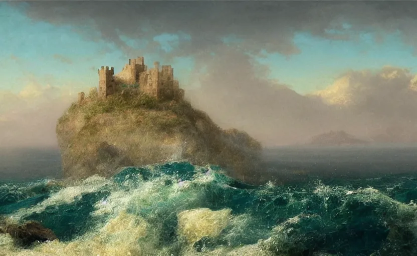 Image similar to view of the ocean, large waves, small castle in the distance, close up shot, rocky, at dusk, distant extereme mountains, 4k, rule of thirds, extreme detail, hazy, intricate ink illustration, surreal, surrealist, trending on artstation, cgsociety, hd, complimentary colours, realistic lighting, by Albert Bierstadt, Frederic Edwin Church.