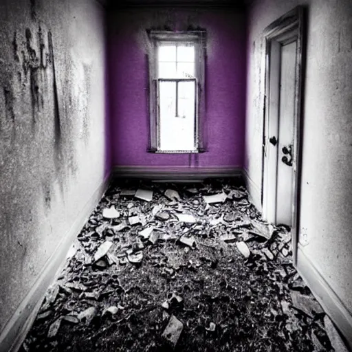 Prompt: unnerving and dark photograph of the inside of an abandoned insane asylum in an alternate horrific purple dimension