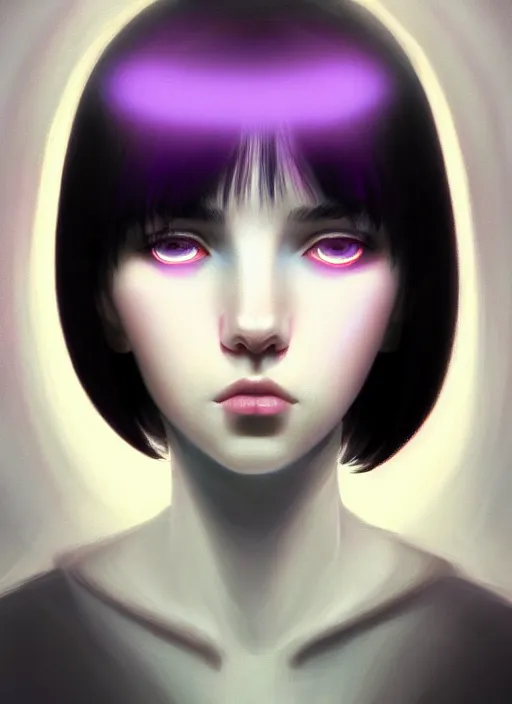 Image similar to portrait of teenage girl with white bangs, red irises, black hair, purple clothes, white bangs, bangs are different color from hair, intricate, front of hair is white rest is black, elegant, glowing lights, highly detailed, digital painting, artstation, concept art, smooth, sharp focus, illustration, art by wlop, mars ravelo and greg rutkowski