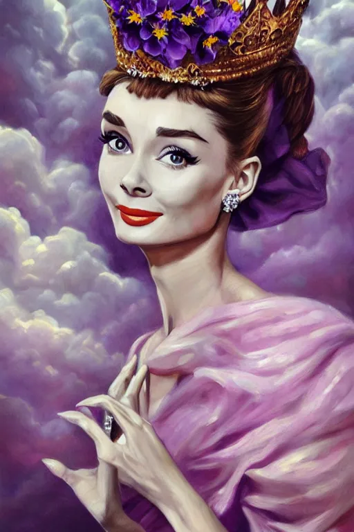 Image similar to closeup portrait fine art photo of the beauty audrey hepburn, perfect eyes, she has a crown of stunning flowers and dress of purple and gold satin and gemstones, background full of stormy clouds, by peter mohrbacher