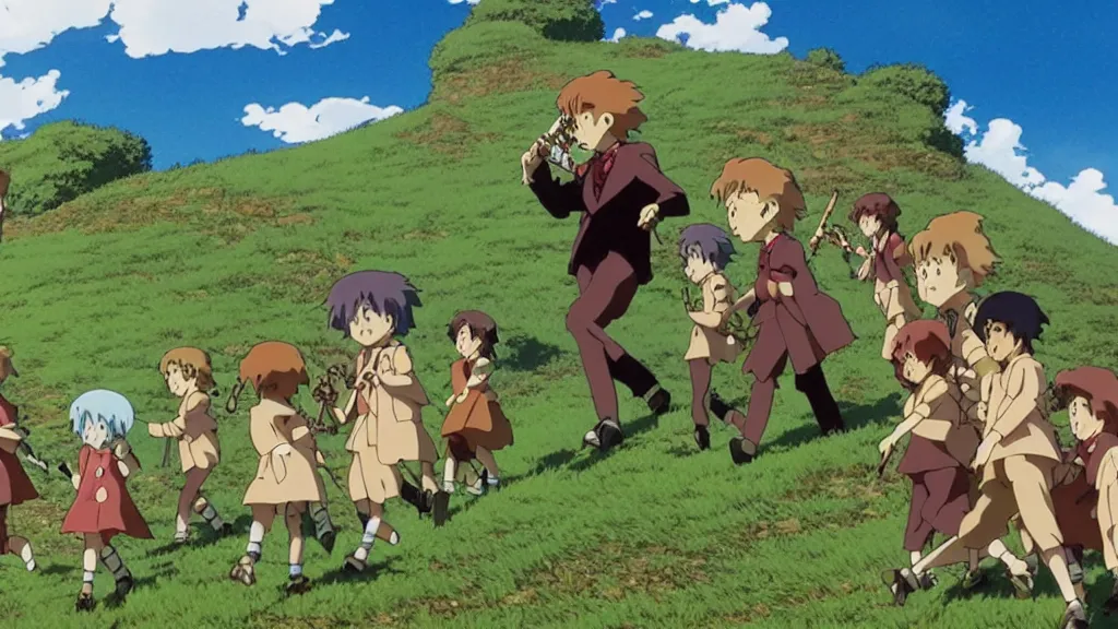 Image similar to pied piper luring children up a hill by playing his pipe, anime film still from the an anime directed by katsuhiro otomo with art direction by salvador dali, wide lens