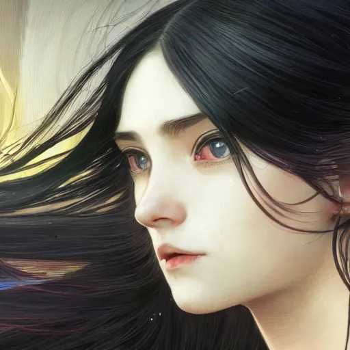 Image similar to portrait of a woman, long black hair, in front of a sci fi cityscape, by tetsuya nomura and annie swynnerton, makoto shinkai, alphonse mucha, detailed, cinematic, wide angle, dark sepia toned shading, luminescent eyes, detailed face, expressive eyes, blue fire everywhere, trending on artstation.