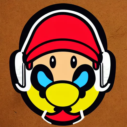 Image similar to svg sticker of a Pop-Wonder SuperMario, Mario-Wearing-a-red-hat, at a rave, spinning records, giant headphones rocking out, wearing headphones, huge speakers, dancing, rave, DJ, spinning records, digital art, amazing composition, rule-of-thirds, award-winning, trending on artstation, featured on deviantart