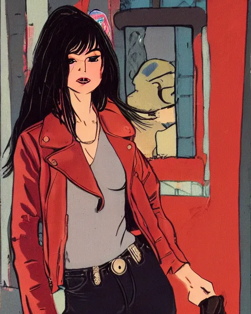 Image similar to young female protagonist in leather jacket, city street, artwork by ralph bakshi