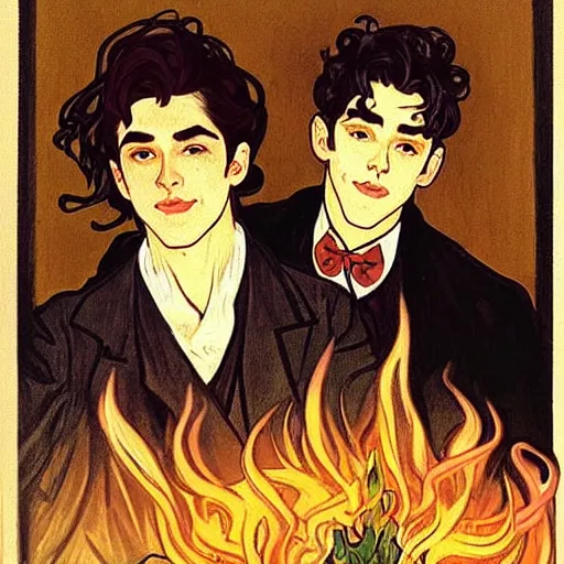 Image similar to painting of young cute handsome beautiful dark medium wavy hair man in his 2 0 s named shadow taehyung and cute handsome beautiful min - jun together at the halloween! party, bubbling cauldron!, candles!, smoke, autumn! colors, elegant, wearing suits!, delicate facial features, art by alphonse mucha, vincent van gogh, egon schiele