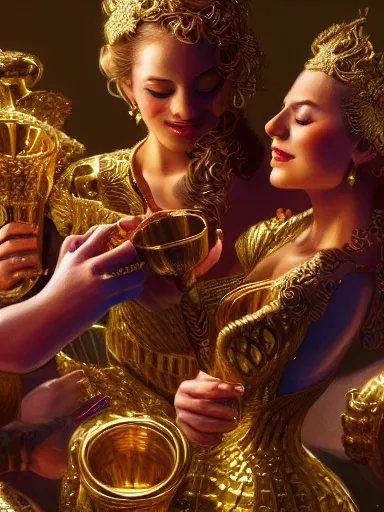 Prompt: a trio, a group of friends, cheers, arms up with golden cups. intricate, elegant, highly detailed, digital painting, artstation, concept art, sharp focus, illustration, by justin gerard and artgerm, 8 k