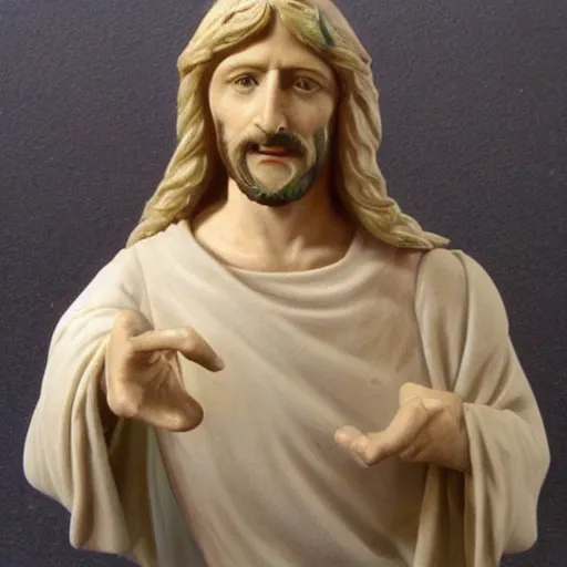 Image similar to holy roman chalkware Jesus bust antique painted sacred Catholic pearlescent coloring