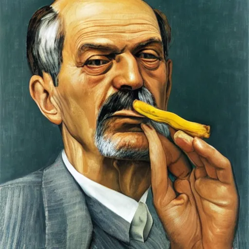 Image similar to portrait of sigmund freud smoking a cig and holding a banana, freudian, symbolic, by lucian freud and neo rauch