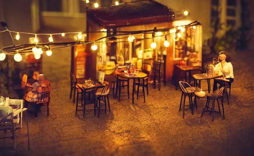 Prompt: mini cafe diorama macro photography, cafe for tiny animals, ambient, atmospheric photograph, string lights, romantic