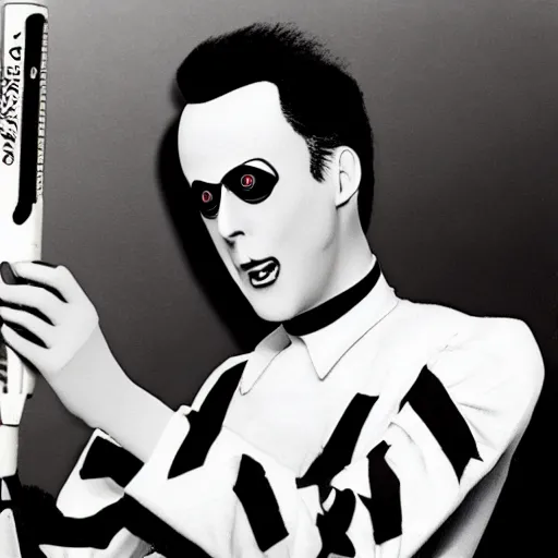 Prompt: a high quality product photo ad of klaus nomi with a technical reed rollerball pen exacto knife made in switzerland by junji ito and joseph cornell, ethereal eel