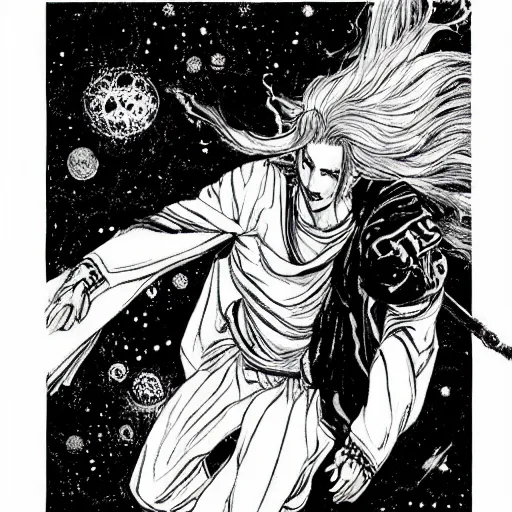 Image similar to black and white pen and ink!!!!!!! Yoshitaka Amano designed Ryan Gosling wearing cosmic space robes made of stars final form flowing royal hair golden!!!! Vagabond!!!!!!!! floating magic swordsman!!!! glides through a beautiful!!!!!!! Camellia!!!! Tsubaki!!! flower!!!! battlefield dramatic esoteric!!!!!! Long hair flowing dancing illustrated in high detail!!!!!!!! by Moebius and Hiroya Oku!!!!!!!!! graphic novel published on 2049 award winning!!!! full body portrait!!!!! action exposition manga panel black and white Shonen Jump issue by David Lynch eraserhead and beautiful line art Hirohiko Araki!! Rossetti, Millais, Mucha, Jojo's Bizzare Adventure