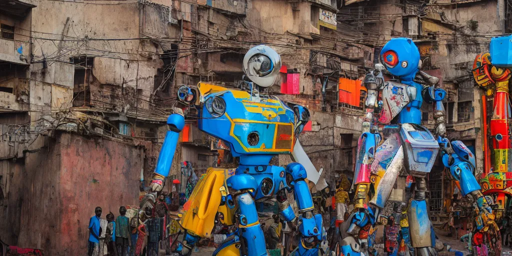 Prompt: colourful giant mecha ROBOT of AJEGUNLE SLUMS of Lagos, markings on robot, Golden hour,