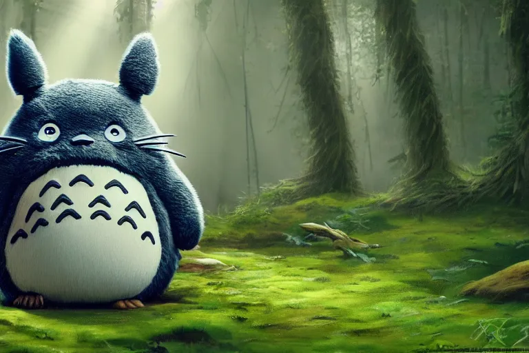 Image similar to photorealistic Totoro sitting in a forest, fantasy, CGI, animated movie, high detail, god rays, Trending on artstation, artstationHD, artstationHQ
