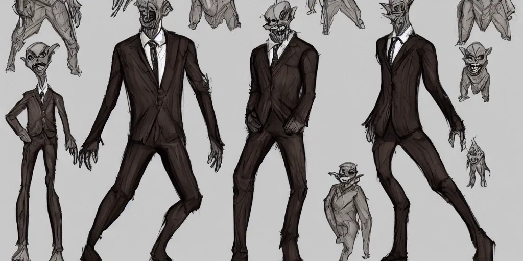 Prompt: Full body goblin, ripped suit, grinning, smile, concept sheet