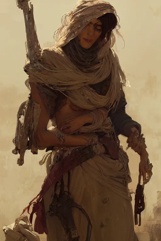 Image similar to a full body portrait of a beautiful post apocalyptic offworld priests quarter bedouin blind pulp fiction scarlet wild rogue barbarian leper begging by the roadside, intricate, elegant, highly detailed, digital painting, artstation, concept art, smooth, sharp focus, illustration, art by krenz cushart and artem demura and alphonse mucha